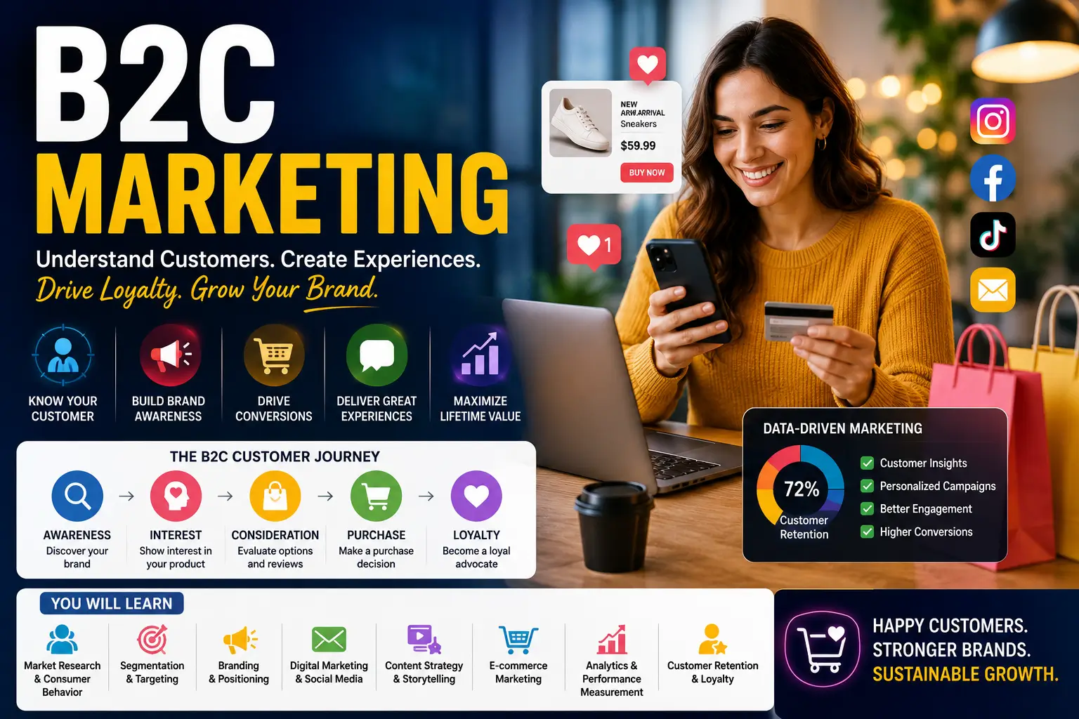Professional B2C Marketing course image with consumer engagement and digital marketing visuals