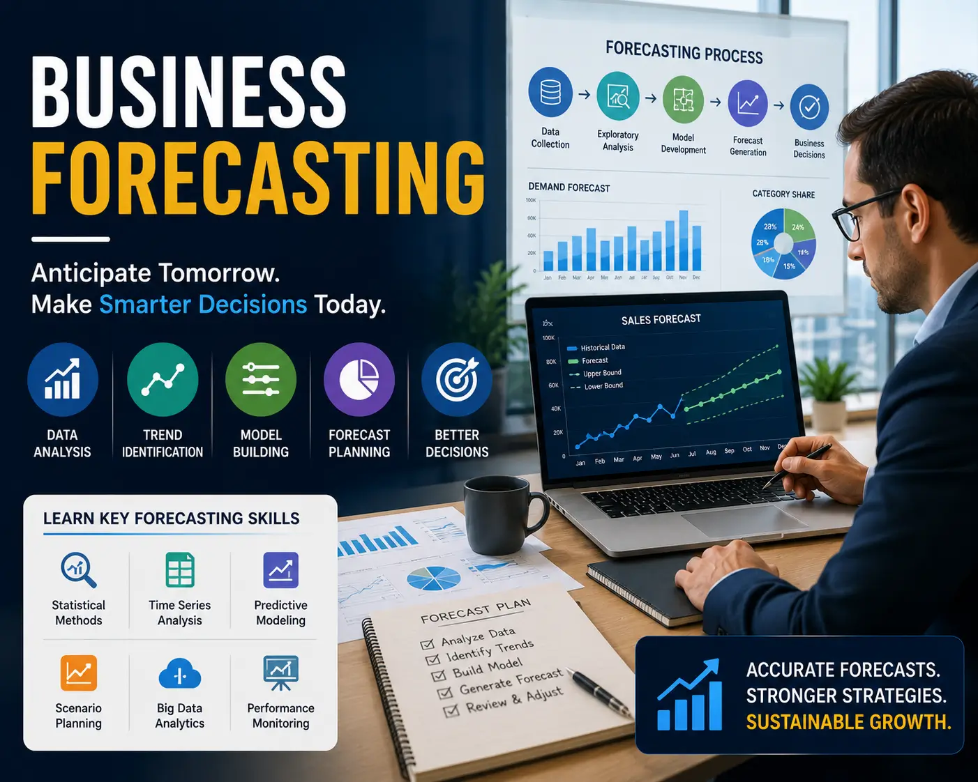 Professional Business Forecasting course image with charts, analytics, and predictive models