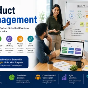 Professional Product Management course image with strategy, innovation, and business visuals