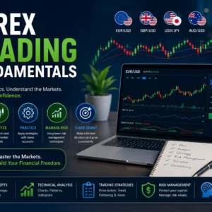 : Professional Forex Trading Fundamentals course image with charts, currency symbols, and trading visuals