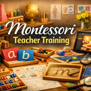 Professional Montessori Teacher Training course image with Montessori materials and classroom visuals