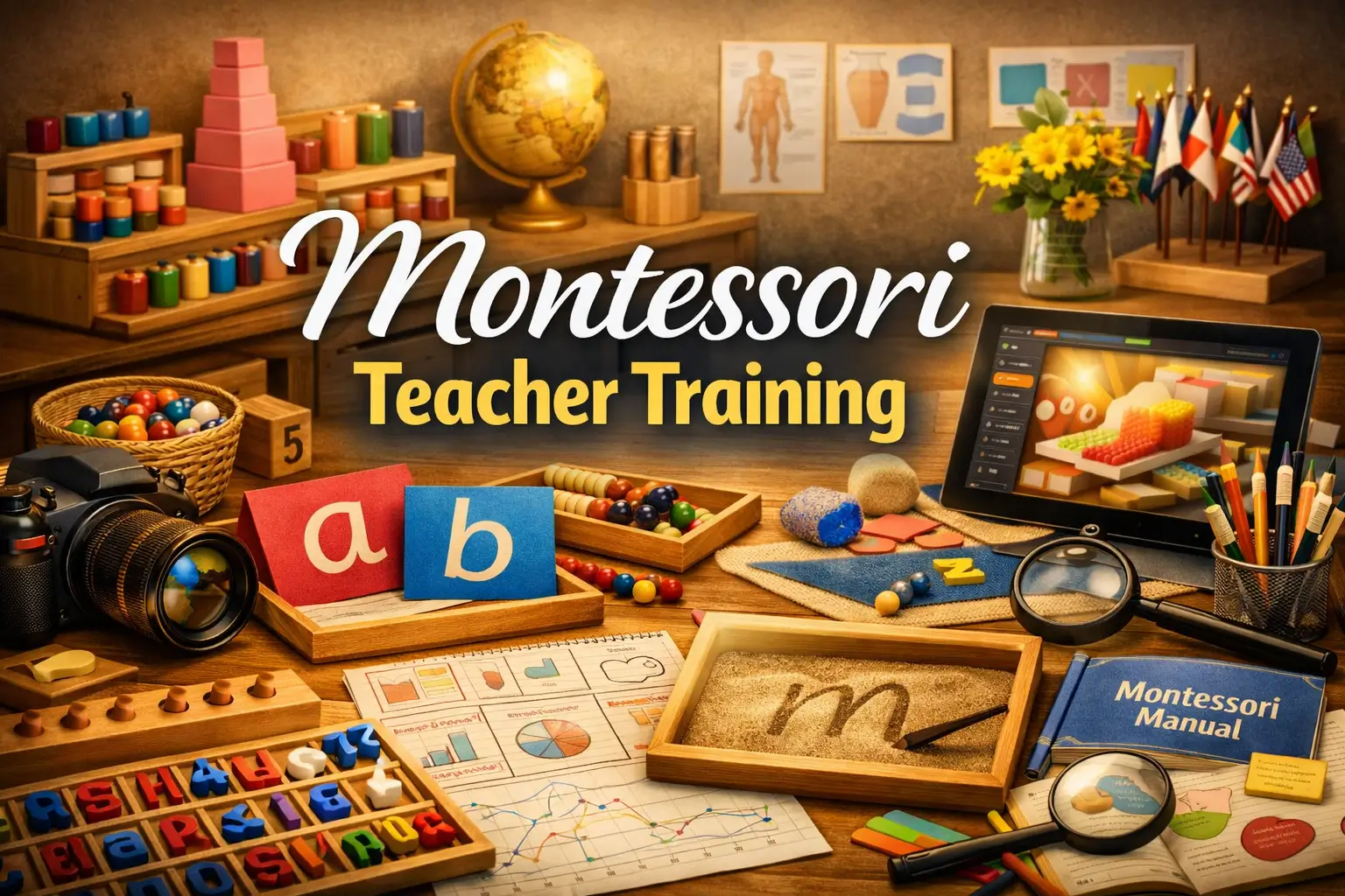 Professional Montessori Teacher Training course image with Montessori materials and classroom visuals