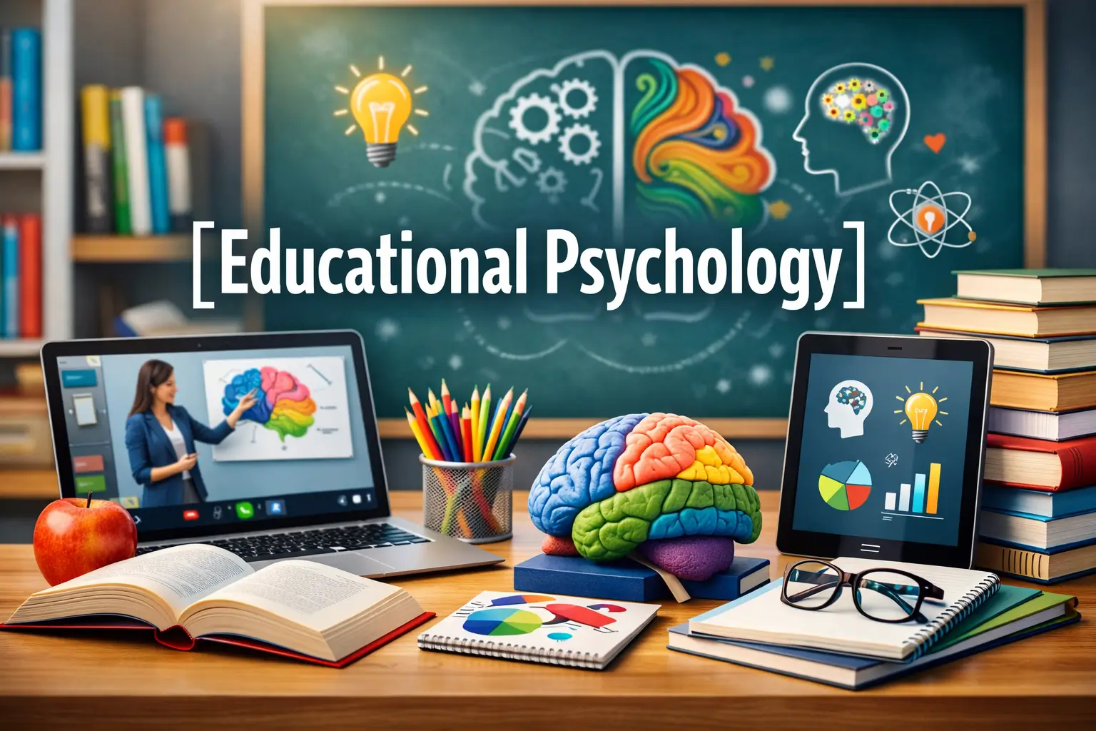 Educational Psychology course image with brain model and learning tools