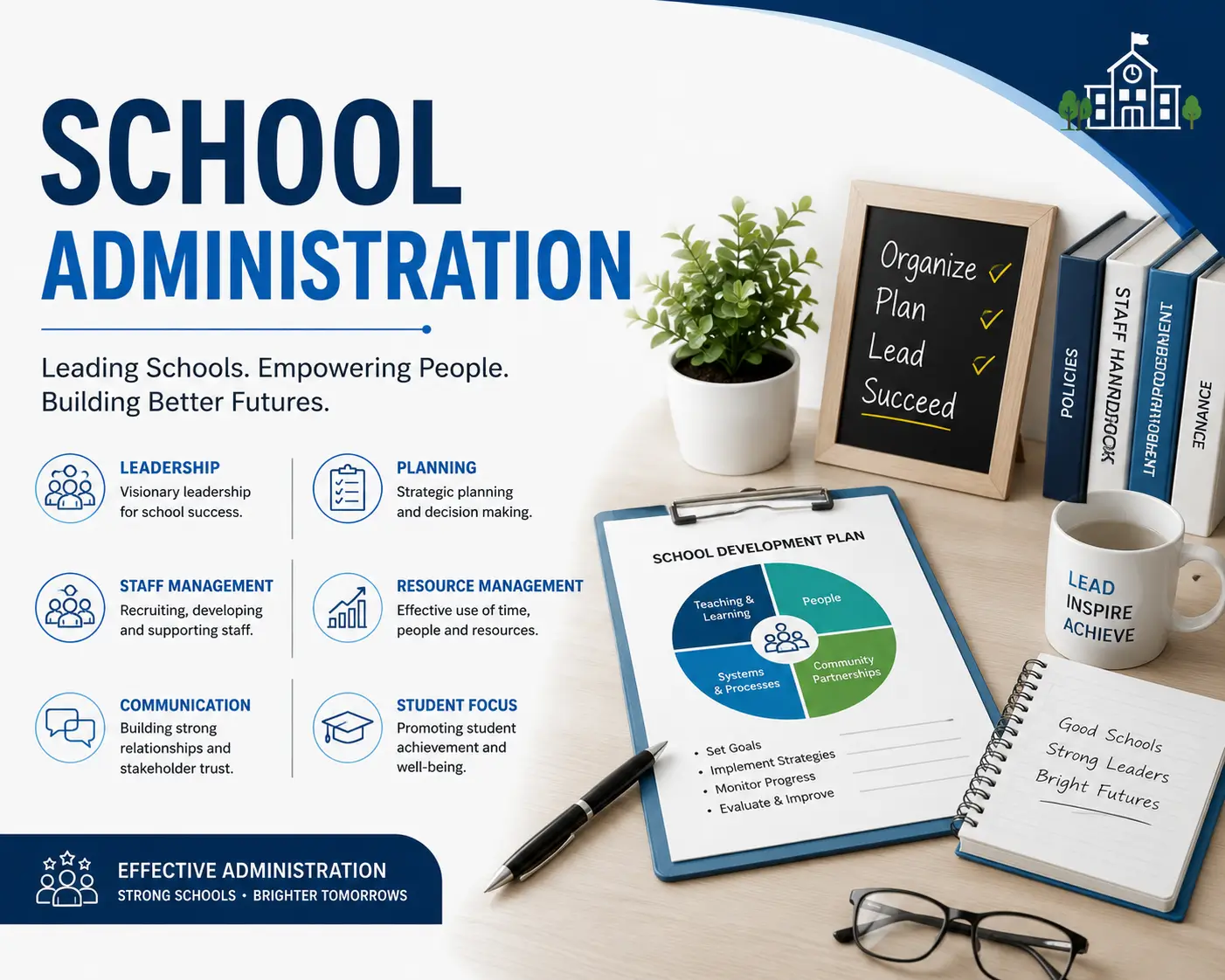 School Administration course image with leadership and management visuals
