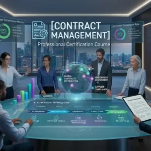 Educational banner for Contract Management course with legal and business visuals