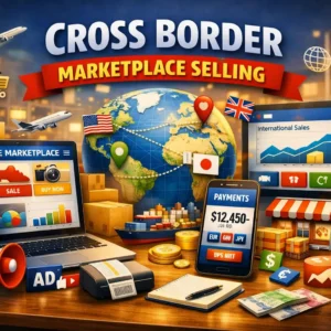 High-quality Cross Border Marketplace Selling banner with global trade and e-commerce visuals