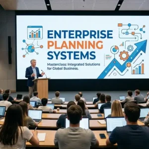 Modern educational image for Enterprise Planning Systems course with enterprise resource planning and system integration visuals