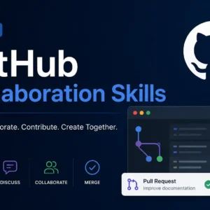 Modern educational image for GitHub Collaboration Skills course with teamwork and version control visuals