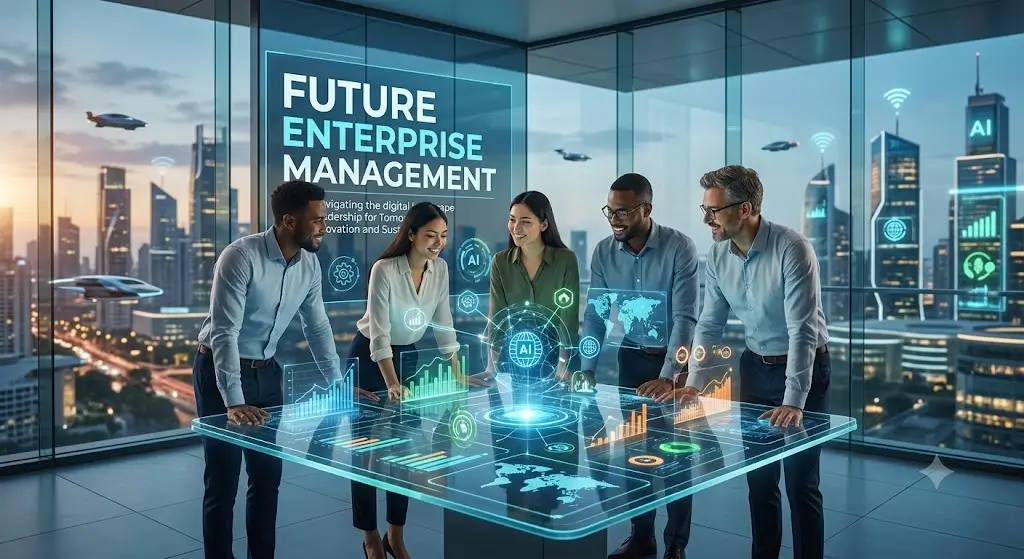 Modern educational image for Future Enterprise Management course with futuristic business visuals