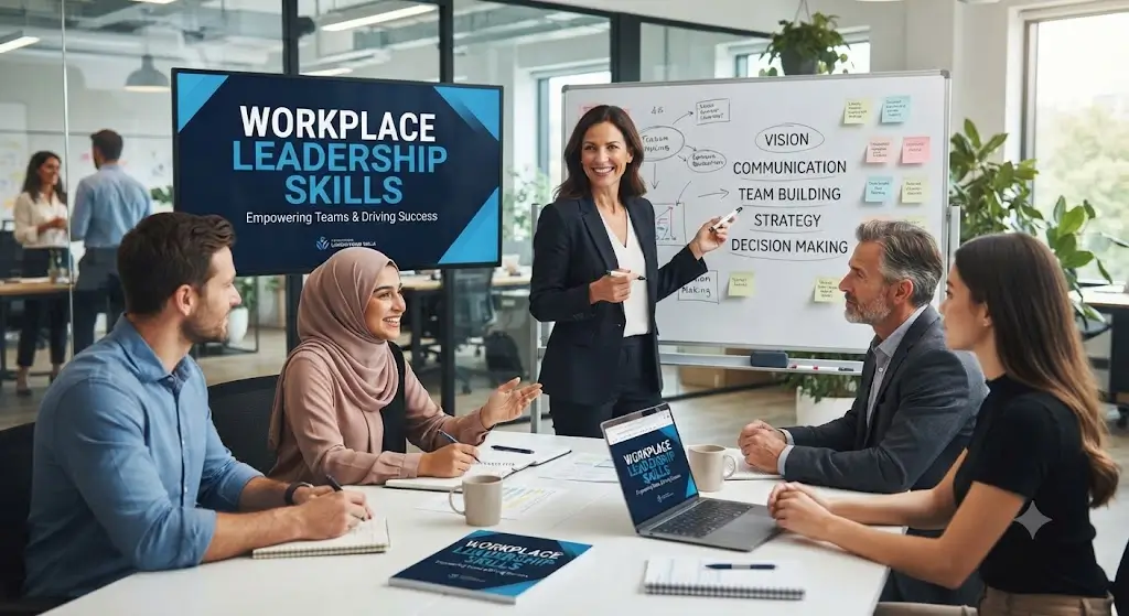 High-quality educational course image featuring Workplace Leadership Skills with modern visuals