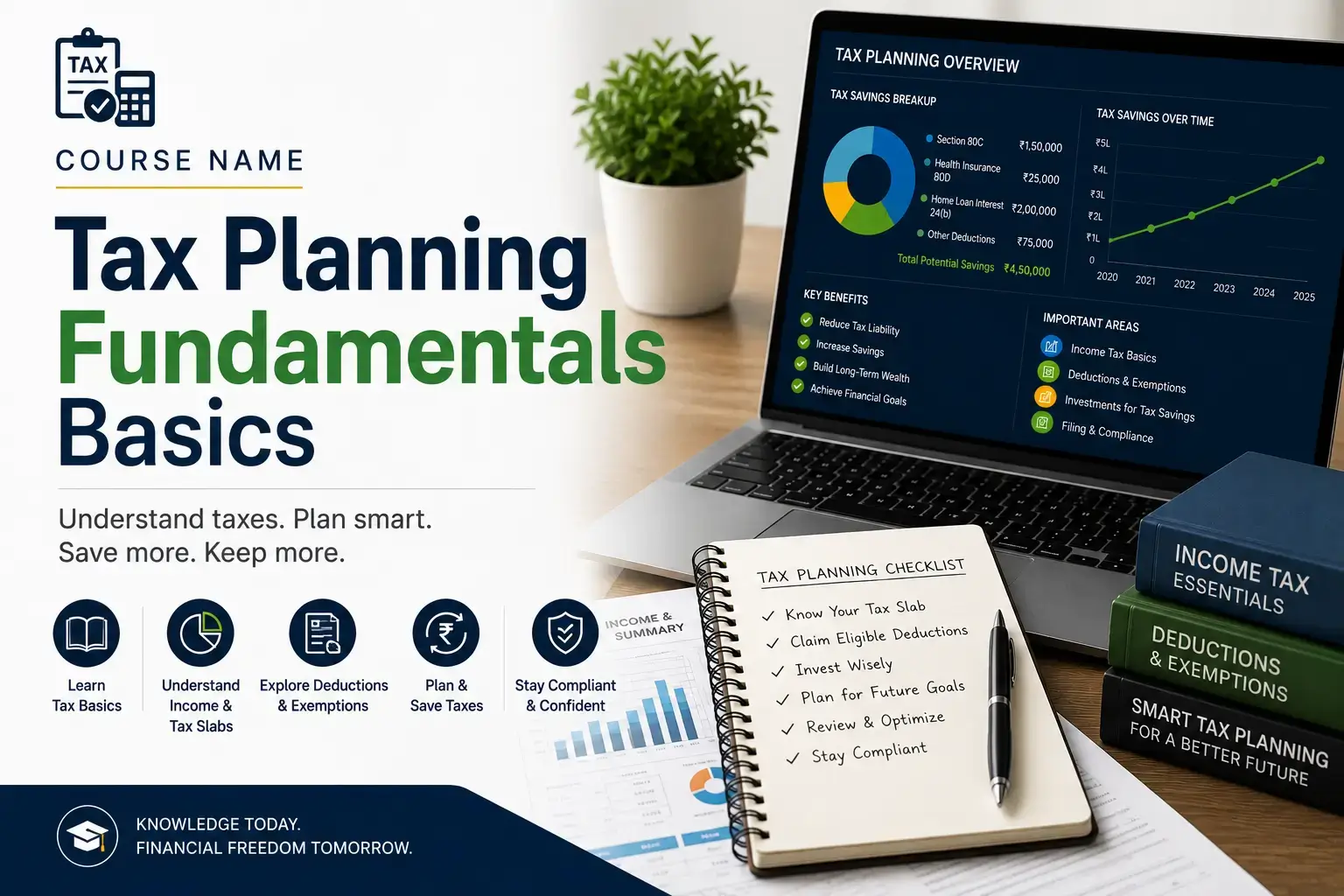 High-quality educational course image showing Tax Planning Fundamentals Basics with tax and finance visuals.