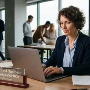 Modern educational image for Advanced Business Correspondence course with professional communication visuals