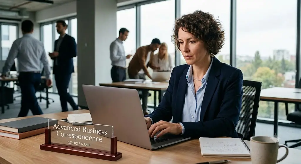 Modern educational image for Advanced Business Correspondence course with professional communication visuals