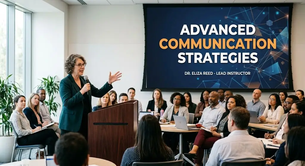High-quality educational course image featuring Advanced Communication Strategies with modern visuals