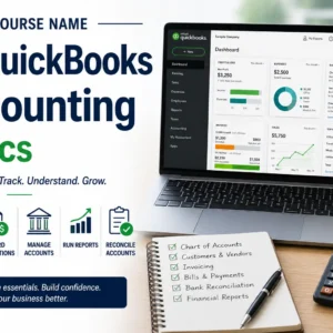 High-quality educational course image for QuickBooks Accounting Basics with accounting software and bookkeeping visuals.