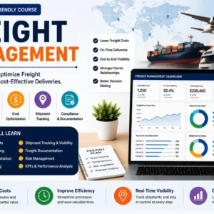 Freight management dashboard with trucks, cargo ships, and shipment tracking data.