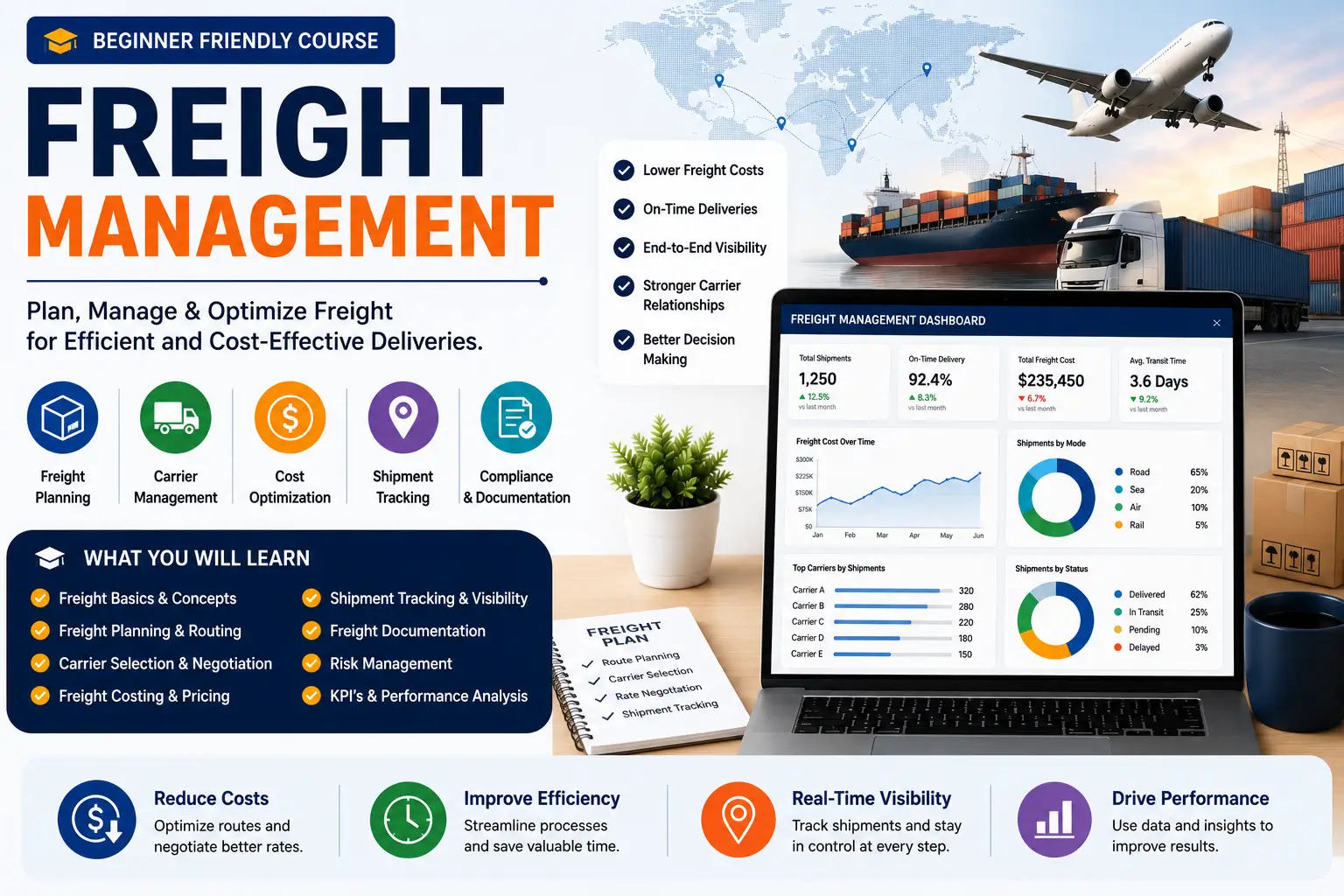 Freight management dashboard with trucks, cargo ships, and shipment tracking data.