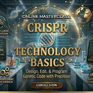 High-quality educational course image for CRISPR Technology Basics with gene editing and biotechnology visuals.