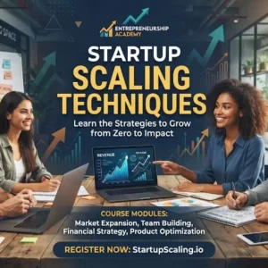 Modern educational image for Startup Scaling Techniques course with growth and scalability visuals