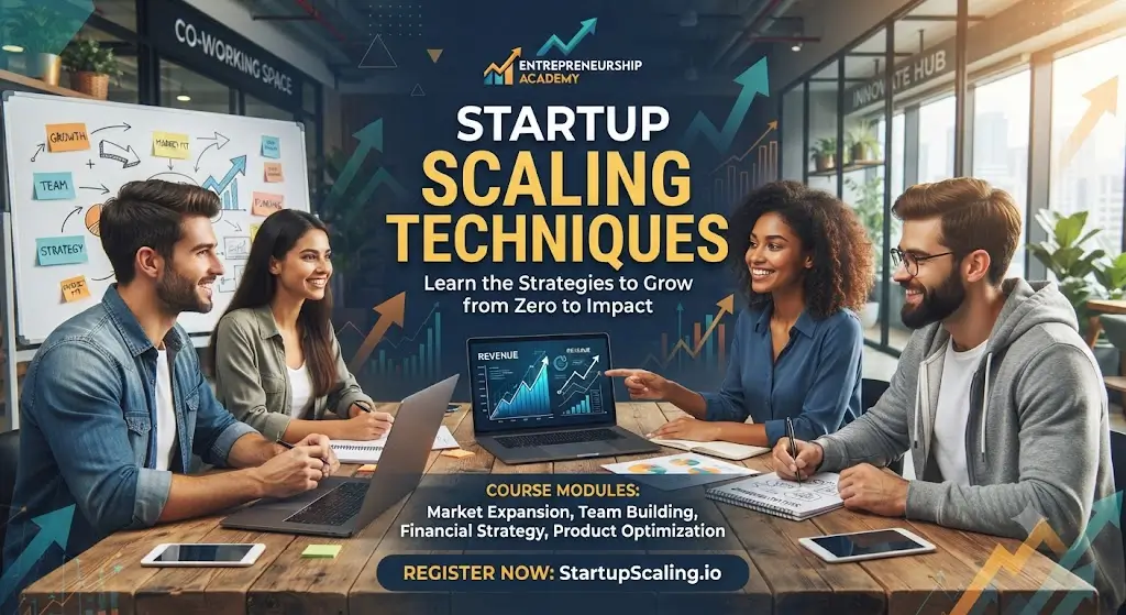 Modern educational image for Startup Scaling Techniques course with growth and scalability visuals