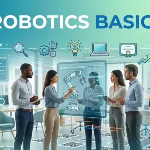 Students and professionals analyze robotic arm schematics and mobile automation in the Robotics Basics e-learning course