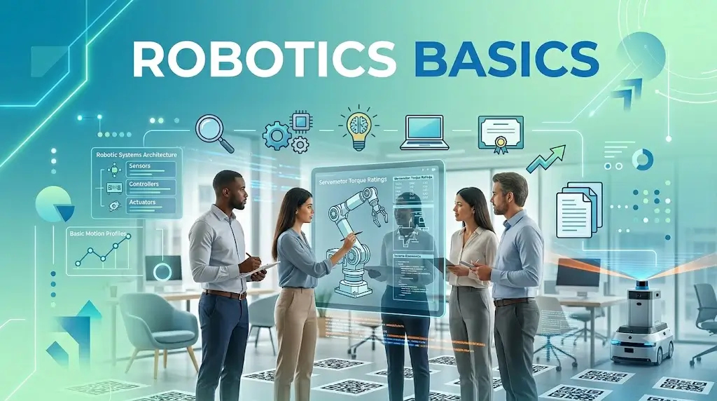 Students and professionals analyze robotic arm schematics and mobile automation in the Robotics Basics e-learning course