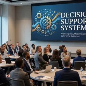 Modern educational image for Decision Support Systems course with analytics and decision-making visuals