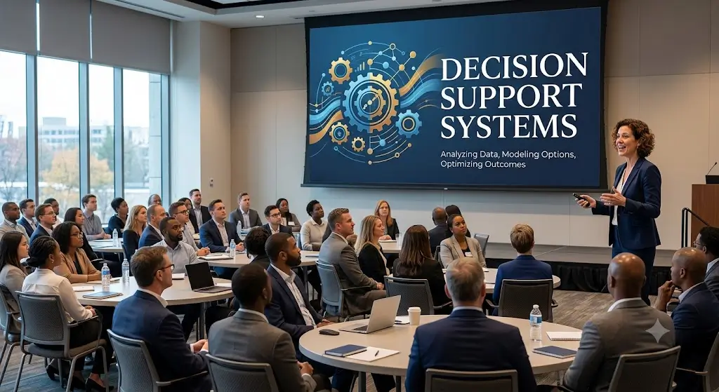 Modern educational image for Decision Support Systems course with analytics and decision-making visuals