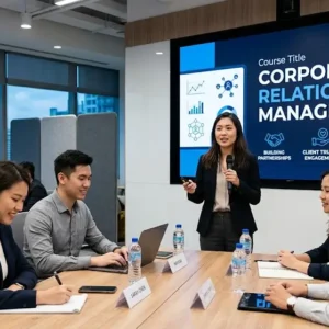 Modern educational image for Corporate Relationship Management course with collaboration and partnership visuals