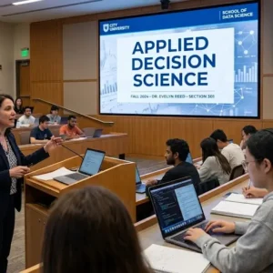 Modern educational image for Applied Decision Science course with analytics and decision-making visuals