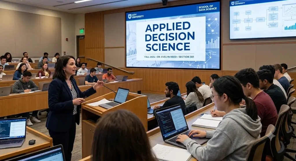 Modern educational image for Applied Decision Science course with analytics and decision-making visuals