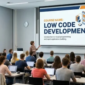Modern educational image for Low Code Development course with drag‑and‑drop and workflow automation visuals