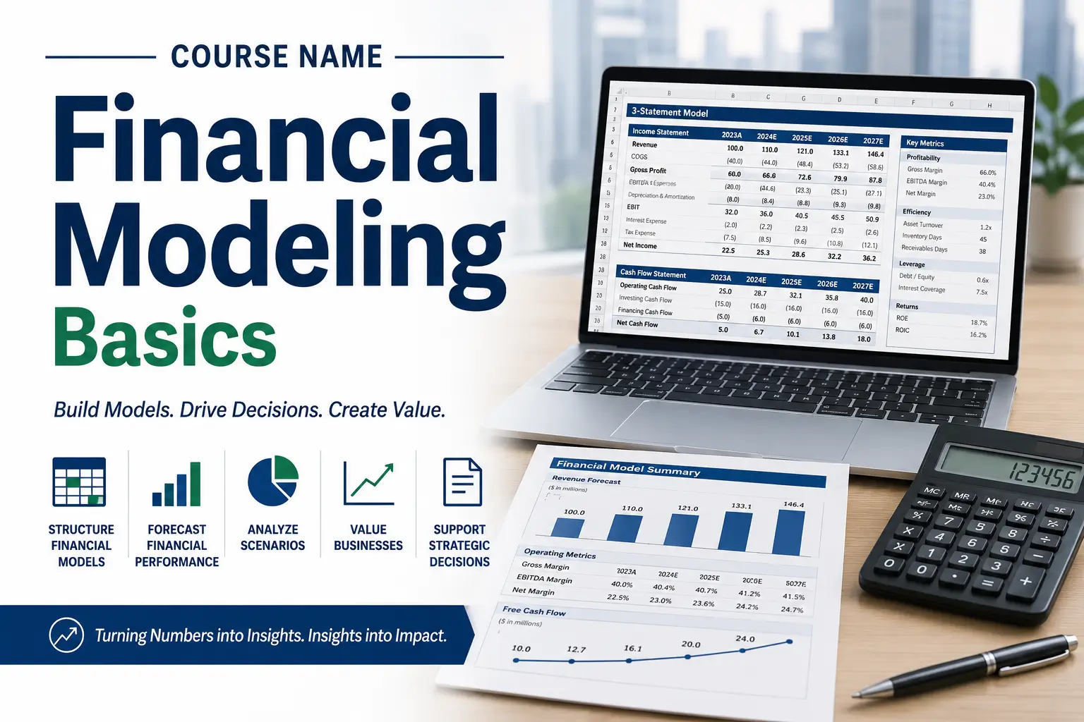High-quality educational course image for Financial Modeling Basics with forecasting and valuation visuals.