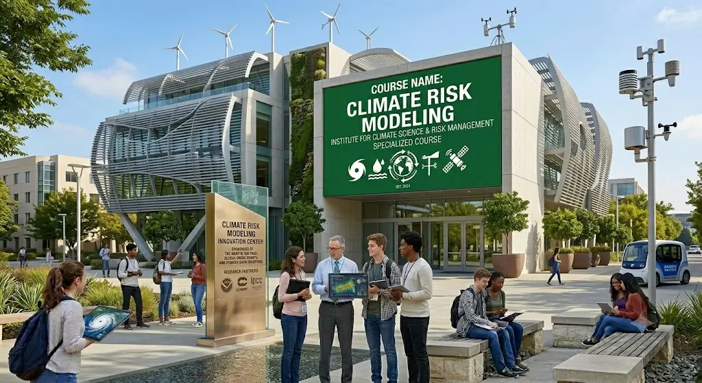 High-quality educational course image for Climate Risk Modeling with climate and risk assessment visuals.