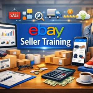 Educational banner for eBay Seller Training course with e-commerce visuals and seller dashboard