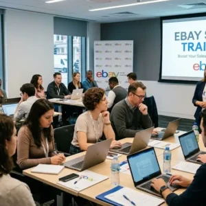 High-quality eBay Seller Training banner with e-commerce and marketplace visuals