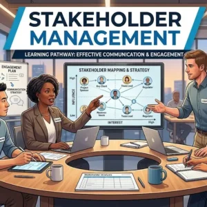 Modern educational image for Stakeholder Management course with collaboration and stakeholder engagement visuals