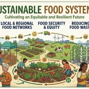 Modern educational image for Sustainable Food Systems course with sustainability and food security visuals