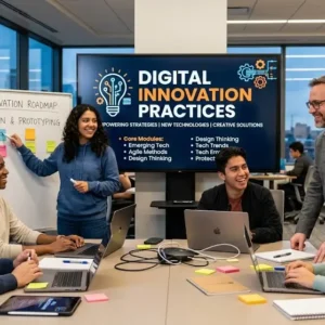 Modern educational image for Digital Innovation Practices course with creativity and transformation visuals