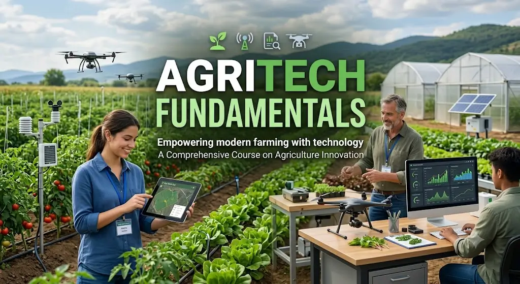 Modern educational image for Agritech Fundamentals course with agricultural technology and innovation visuals