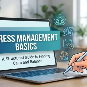A professional e-learning course graphic for Stress Management Basics featuring wellness icons and balanced design.