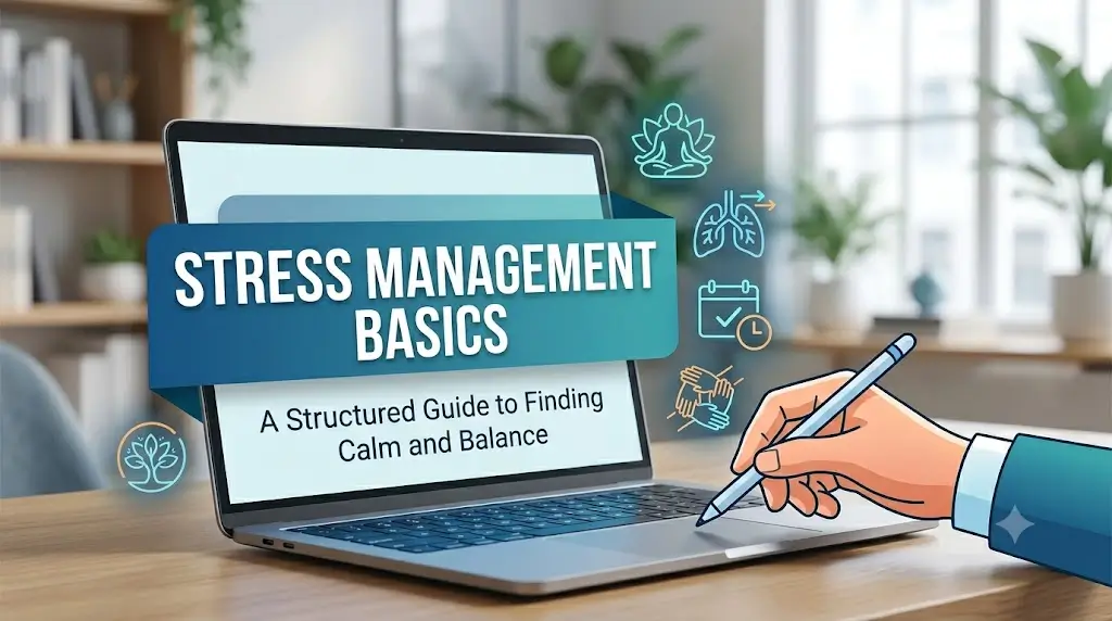 A professional e-learning course graphic for Stress Management Basics featuring wellness icons and balanced design.
