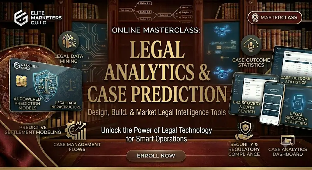 High-quality educational course image for Legal Analytics & Case Prediction with law and predictive analytics visuals.