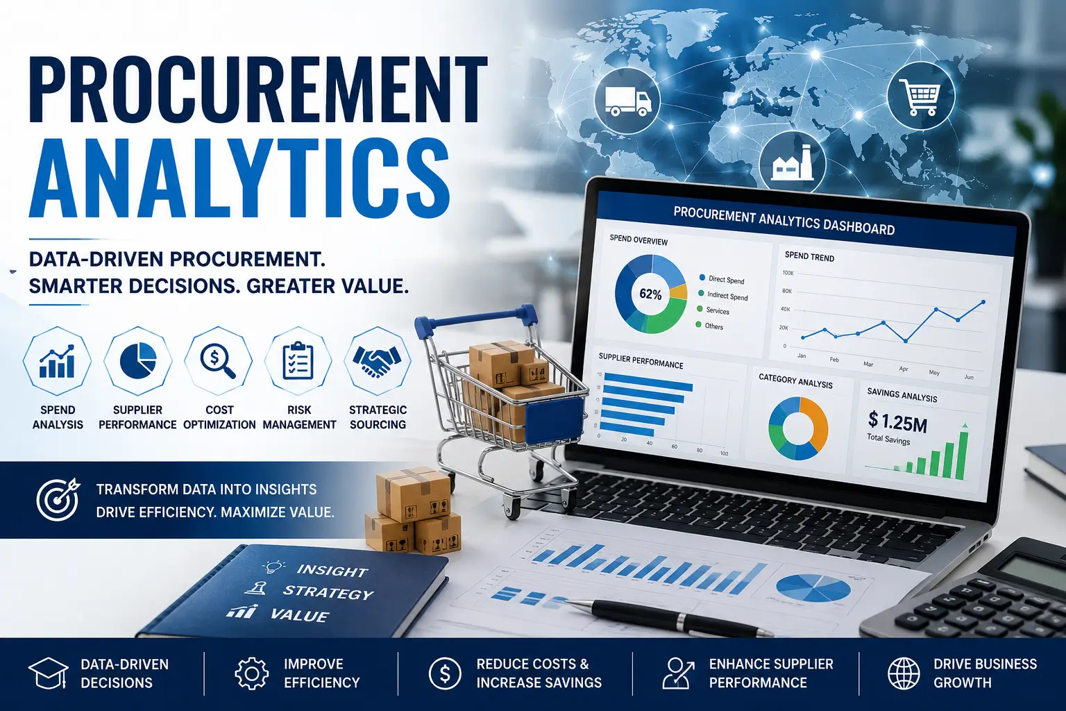 Professional Procurement Analytics course image showing spend analysis, supplier performance, cost optimization, and procurement dashboards.