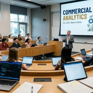Modern educational image for Commercial Analytics course with market intelligence and revenue optimization visuals