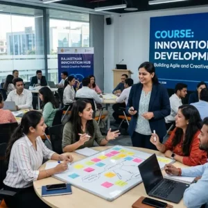 Modern educational image for Innovation Culture Development course with creativity and innovation visuals