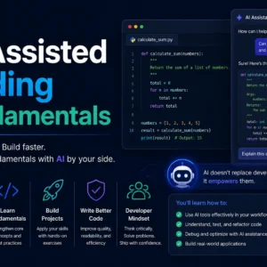Modern educational image for AI Assisted Coding Fundamentals course with artificial intelligence and coding visuals