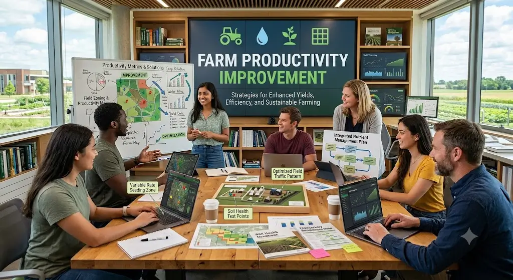 Modern educational image for Farm Productivity Improvement course with efficiency and sustainable farming visuals