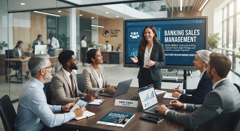 High-quality educational course image featuring Banking Sales Management with modern visuals
