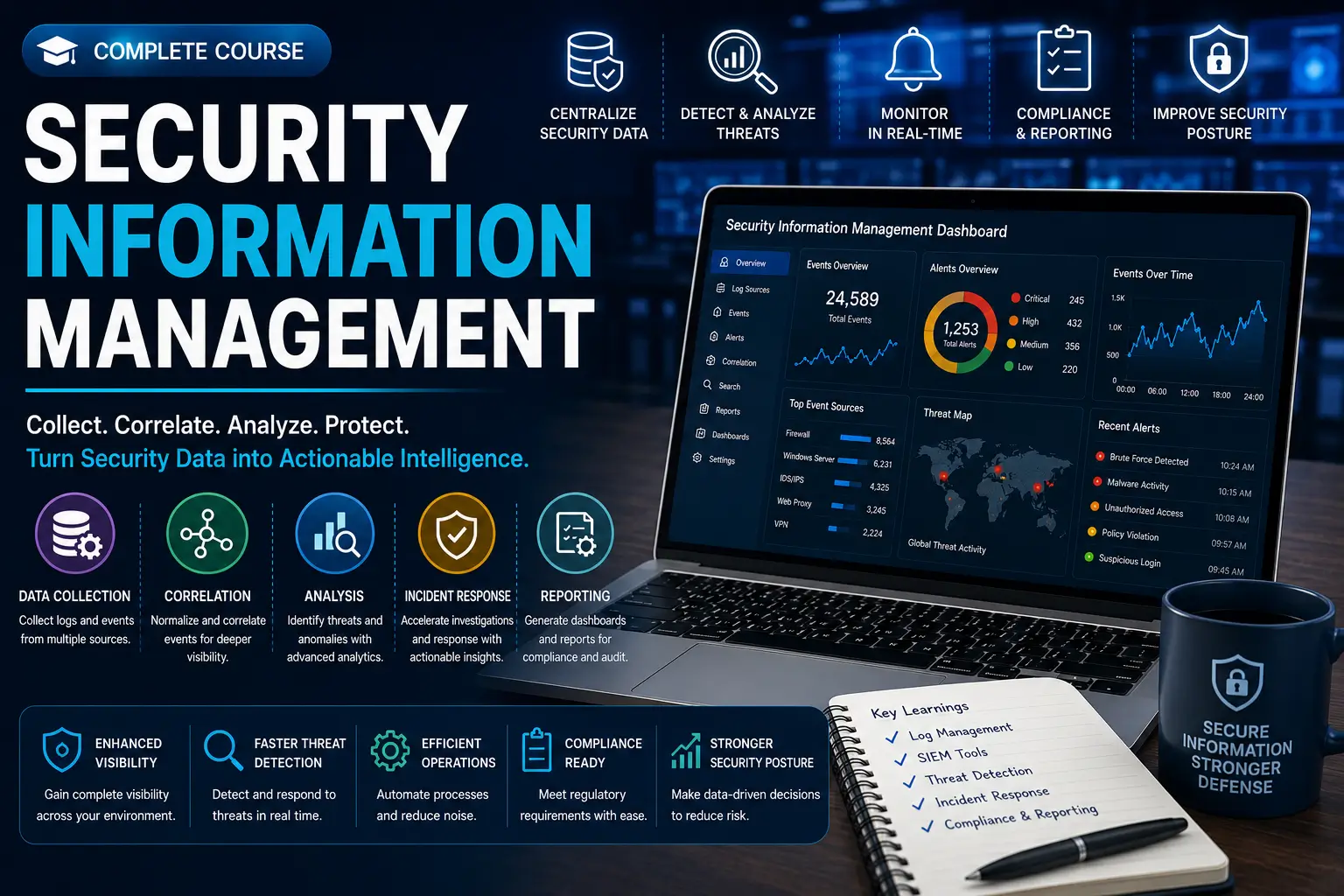 Security Information Management course covering log analysis, correlation, and monitoring.
